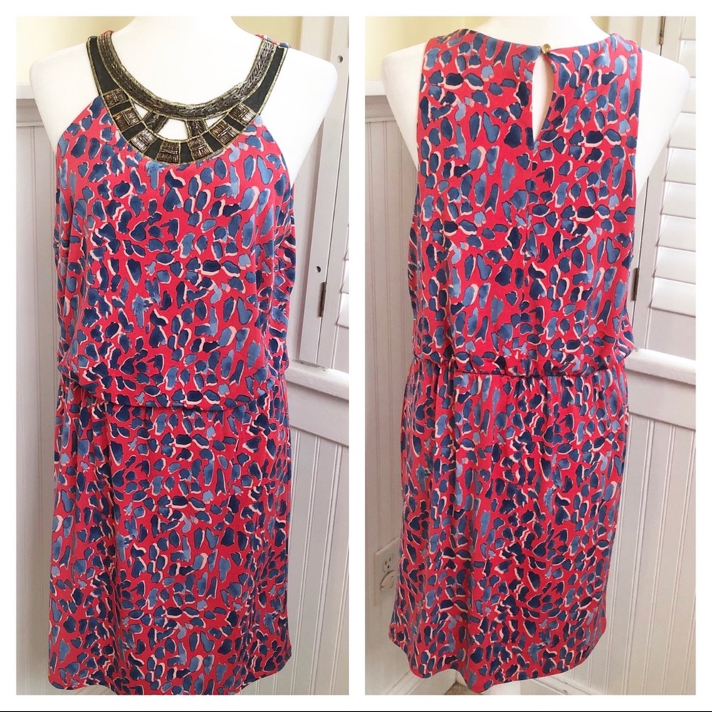 Thalia Sodi Animal Print Beaded Neckline Dress Lg